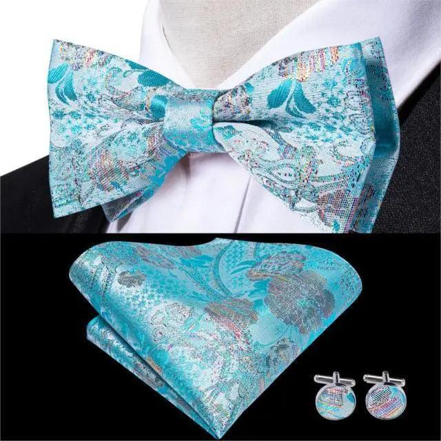 Classic Green Bow Ties Men Silk Butterfly Tie With Pocket Square And Cufflinks Set For Men Elegant Design Wedding Party Bowties Solid Color Gentleman Bow Tie And Pocket Square Cufflink Set