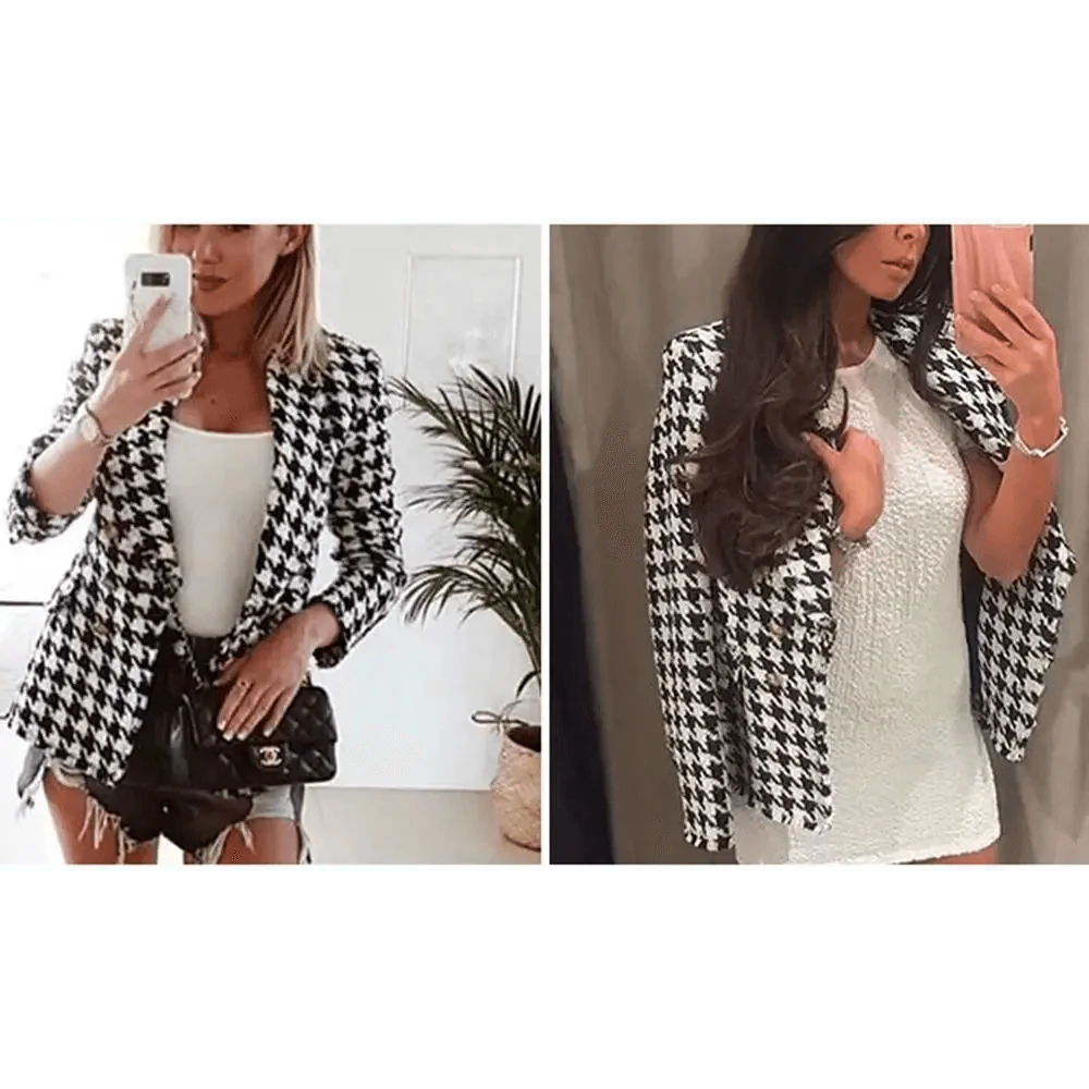 Elegance Women Tweed Jackets Fashionable Office Ladies Black Tassel Houndstooth Coats Female Autumn Vintage Thick Plaid Coat Girls Chic