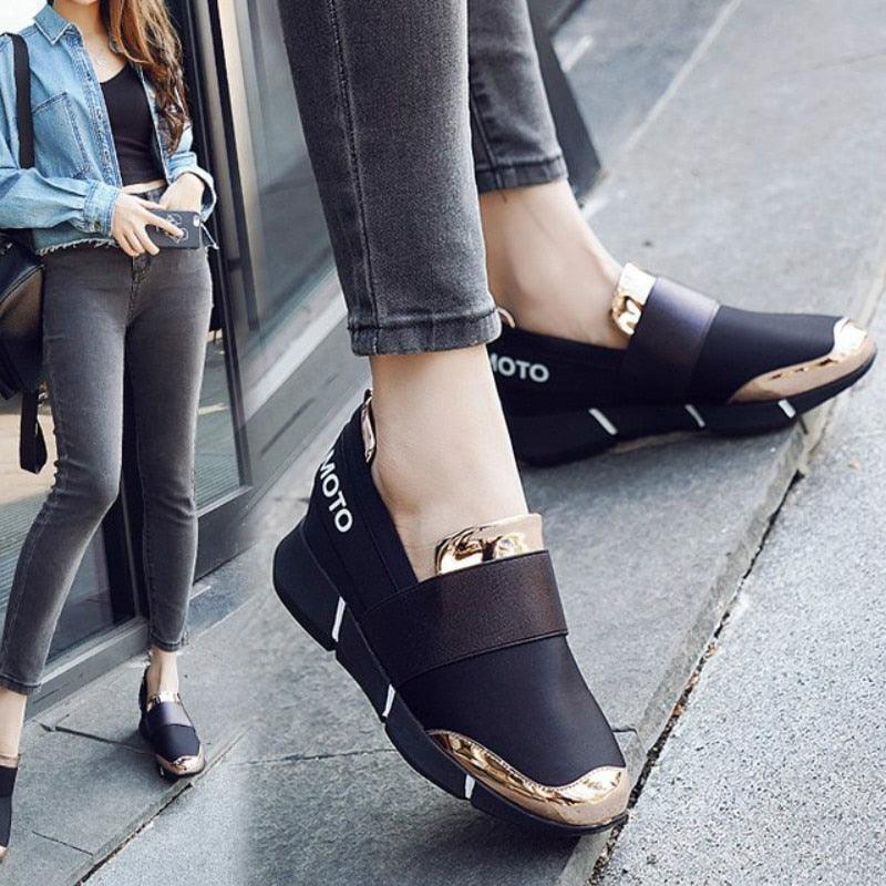 Elegant Black Women Slip-On Casual Thicken Sneakers Soft Soled Slip On Walking Shoes Lightweight Casual Running Sneakers Flats Casual Walking Espadrilles For Women