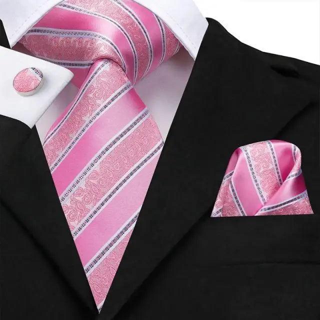 Elegant Pink Silk Necktie Pocket Square Cufflinks Set Elegant Men's Fashion Wedding Ties For Men And Daily Wear Ties