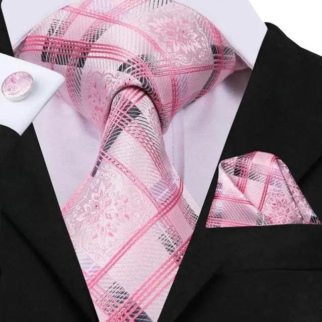Elegant Pink Silk Necktie Pocket Square Cufflinks Set Elegant Men's Fashion Wedding Ties For Men And Daily Wear Ties