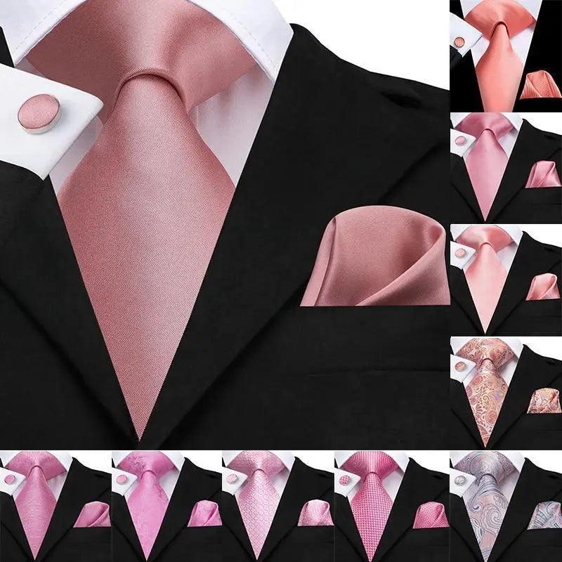 Elegant Pink Silk Necktie Pocket Square Cufflinks Set Elegant Men's Fashion Wedding Ties For Men And Daily Wear Ties