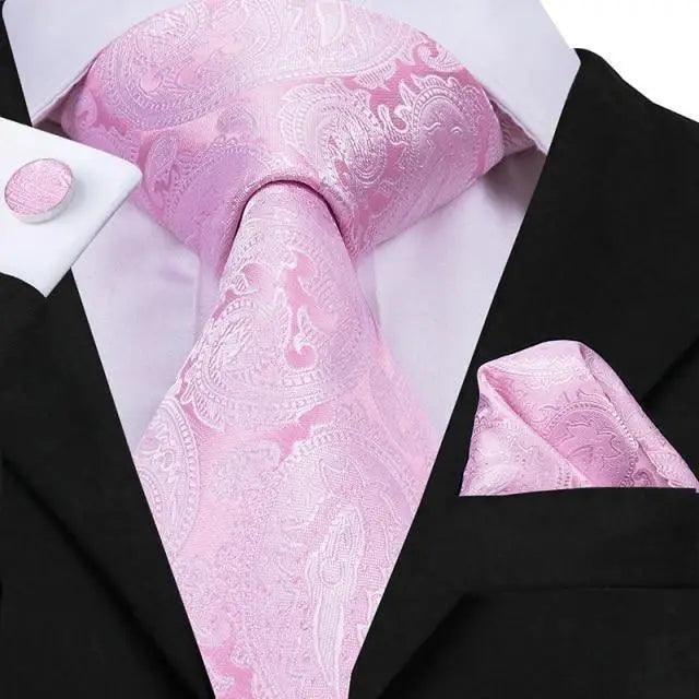 Elegant Pink Silk Necktie Pocket Square Cufflinks Set Elegant Men's Fashion Wedding Ties For Men And Daily Wear Ties