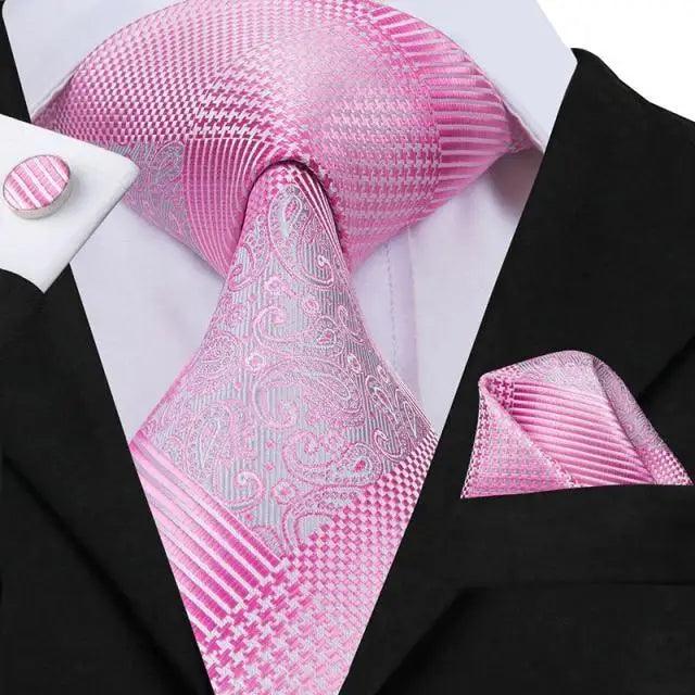 Elegant Pink Silk Necktie Pocket Square Cufflinks Set Elegant Men's Fashion Wedding Ties For Men And Daily Wear Ties