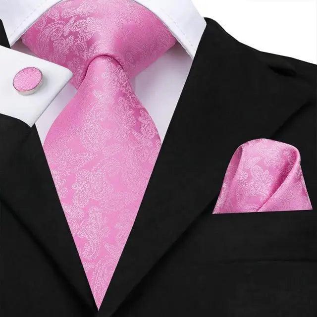 Elegant Pink Silk Necktie Pocket Square Cufflinks Set Elegant Men's Fashion Wedding Ties For Men And Daily Wear Ties
