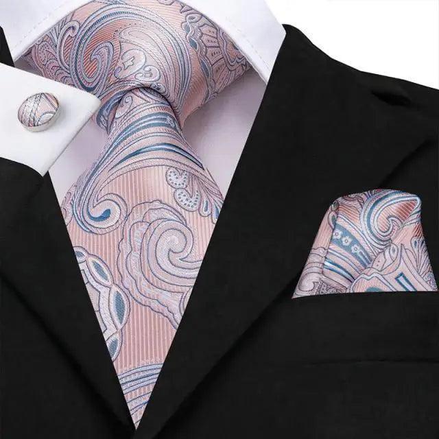 Elegant Pink Silk Necktie Pocket Square Cufflinks Set Elegant Men's Fashion Wedding Ties For Men And Daily Wear Ties