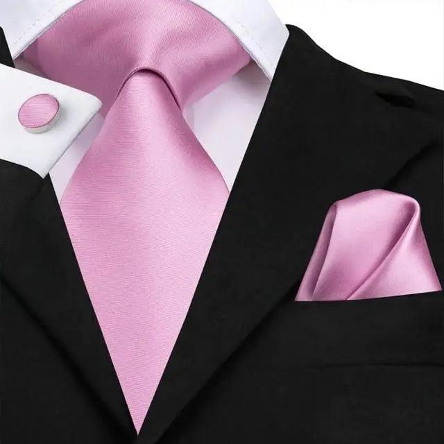 Elegant Pink Silk Necktie Pocket Square Cufflinks Set Elegant Men's Fashion Wedding Ties For Men And Daily Wear Ties