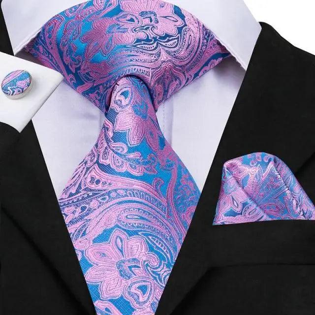 Elegant Pink Silk Necktie Pocket Square Cufflinks Set Elegant Men's Fashion Wedding Ties For Men And Daily Wear Ties