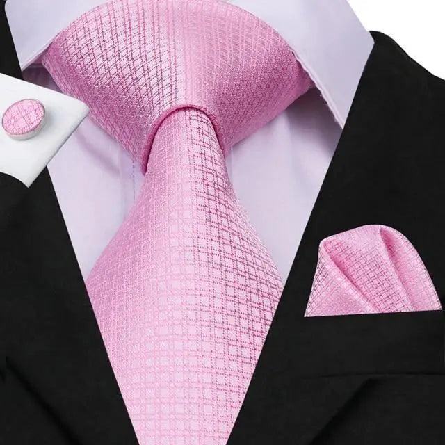 Elegant Pink Silk Necktie Pocket Square Cufflinks Set Elegant Men's Fashion Wedding Ties For Men And Daily Wear Ties