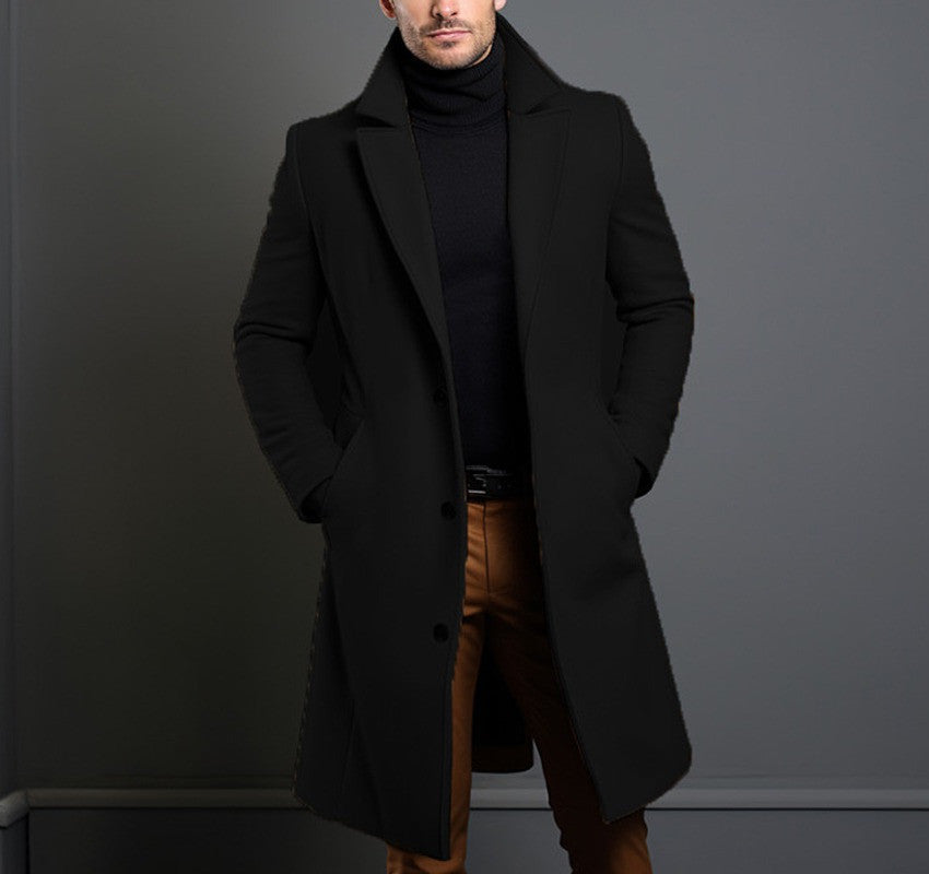 Men's Mid-length Trench Coat Fall Winter Slim Pockets Single-breasted Collar Jacket Casual Business Comfortable Overcoat Clothing