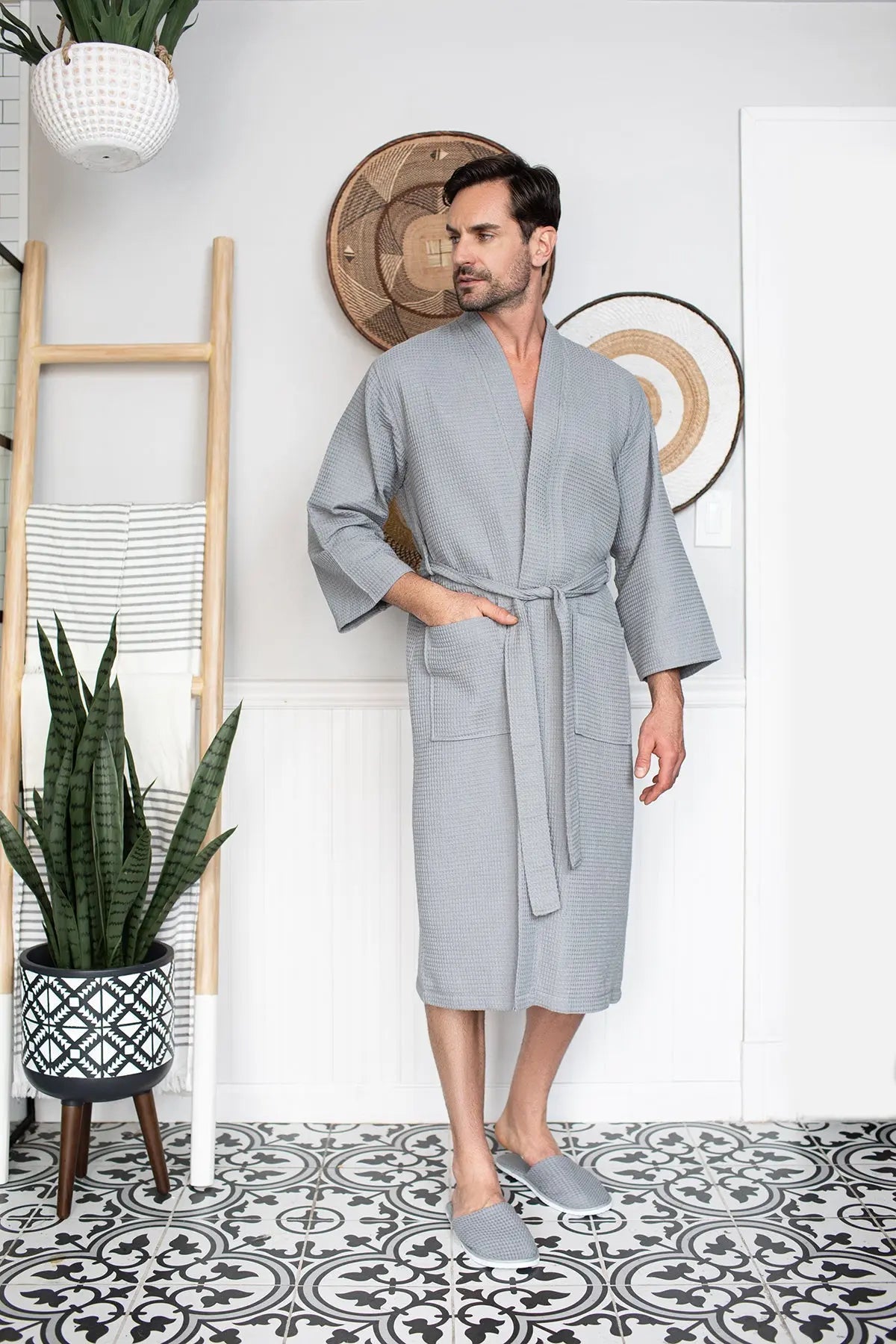 Waffle Spa Bathrobe for Men - Absorbent, Lightweight