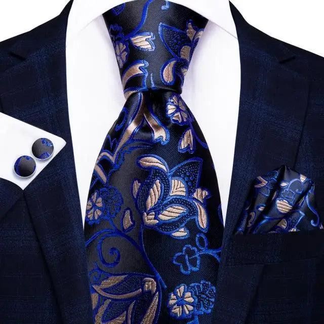 Luxury Men Silk Necktie Pocket Square Matching Handkerchief Cufflinks Set Formal Design Printed Business Necktie For Men