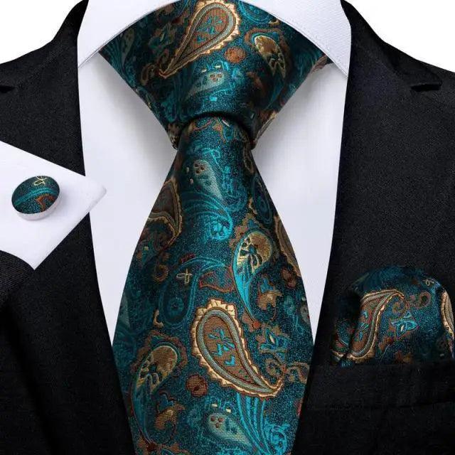 Luxury Men Silk Necktie Pocket Square Matching Handkerchief Cufflinks Set Formal Design Printed Business Necktie For Men