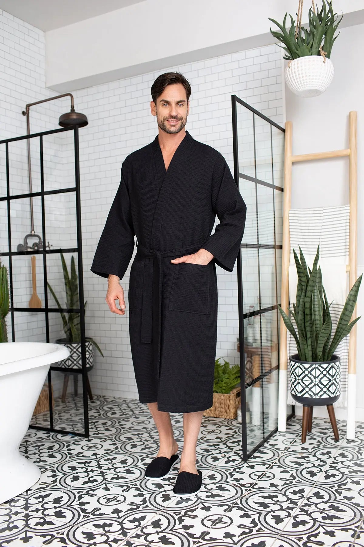 Waffle Spa Bathrobe for Men - Absorbent, Lightweight