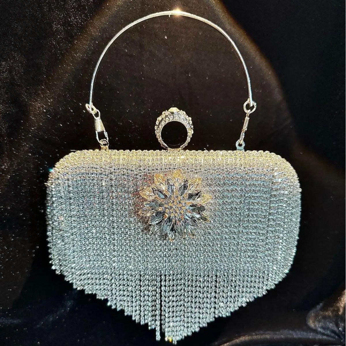 MAC056 Pochette de soirée à pampilles, sac à main de luxe avec strass pour soirée et bal, avec chaîne amovible