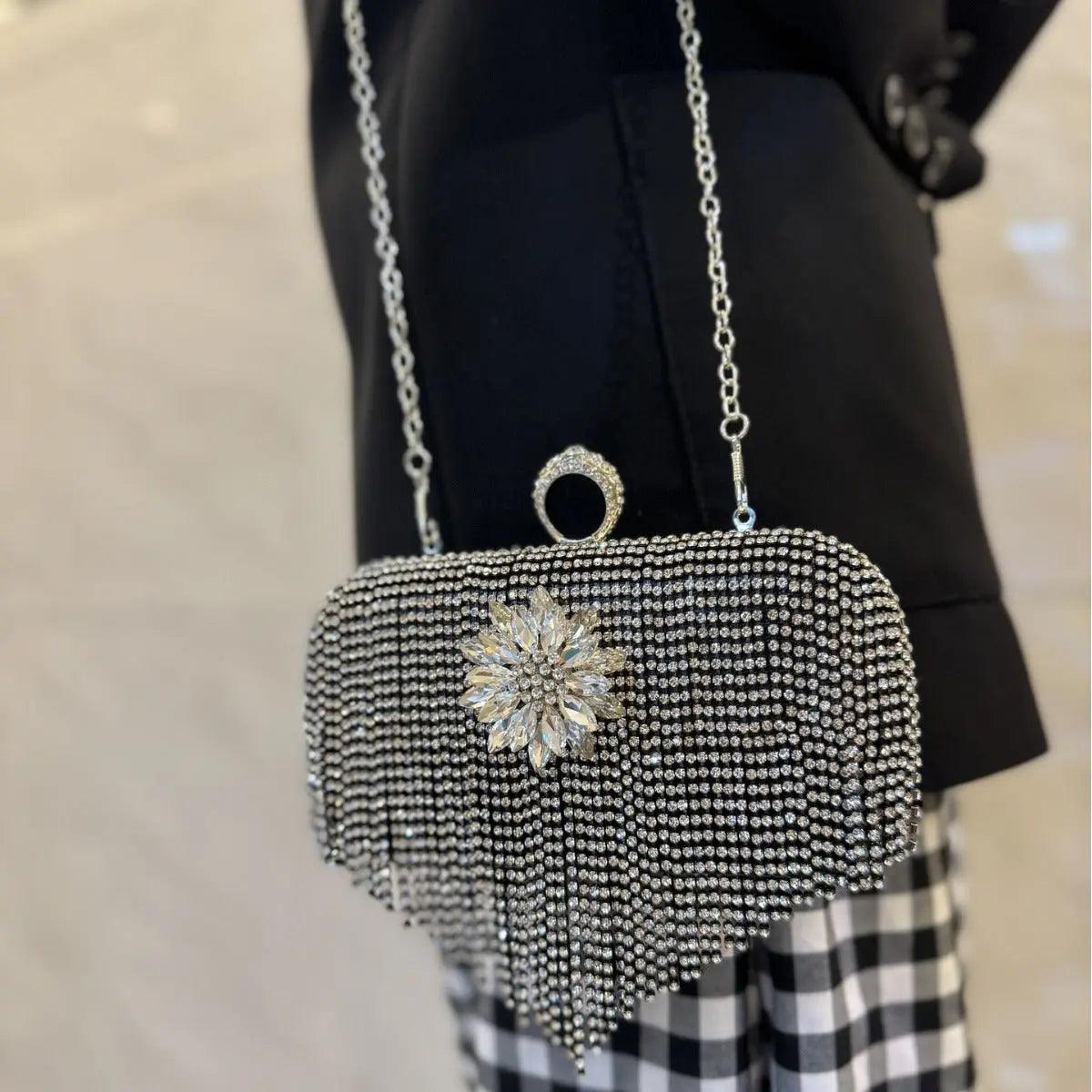 MAC056 Pochette de soirée à pampilles, sac à main de luxe avec strass pour soirée et bal, avec chaîne amovible
