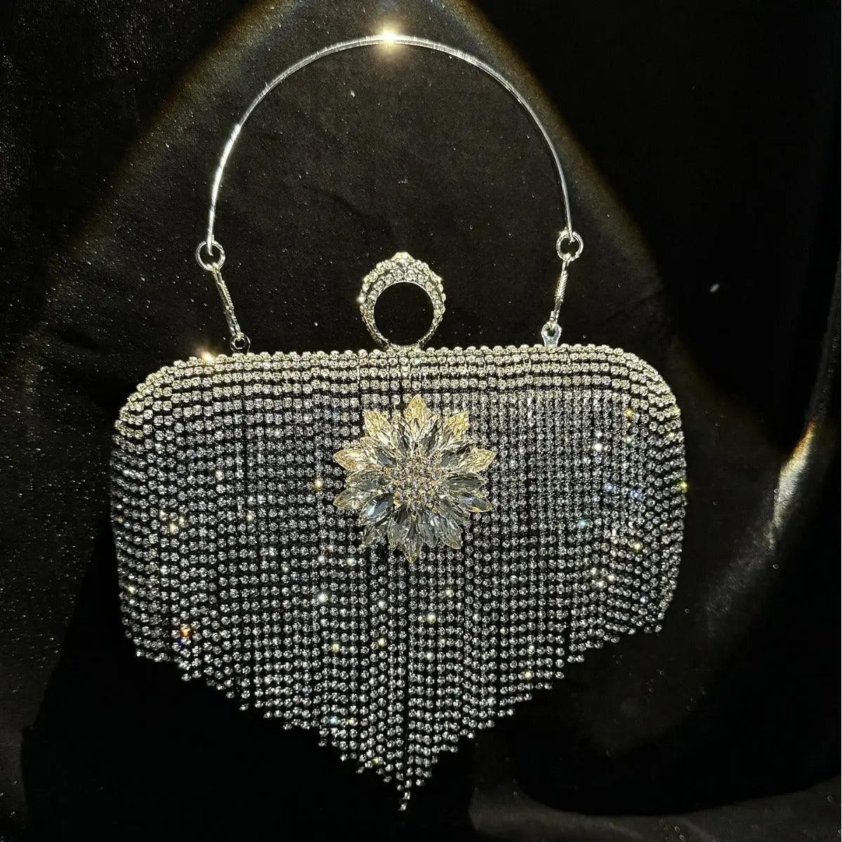 MAC056 Pochette de soirée à pampilles, sac à main de luxe avec strass pour soirée et bal, avec chaîne amovible