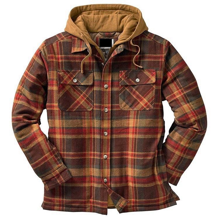 Men's Autumn Winter Jacket Plaid Hooded Long Sleeve Basic Casual Shirt Jackets Men's Long Sleeve Soft Warm Jacket With Hood Hooded Shirt Jacket Soft Long Sleeve Outdoor Clothes For Men
