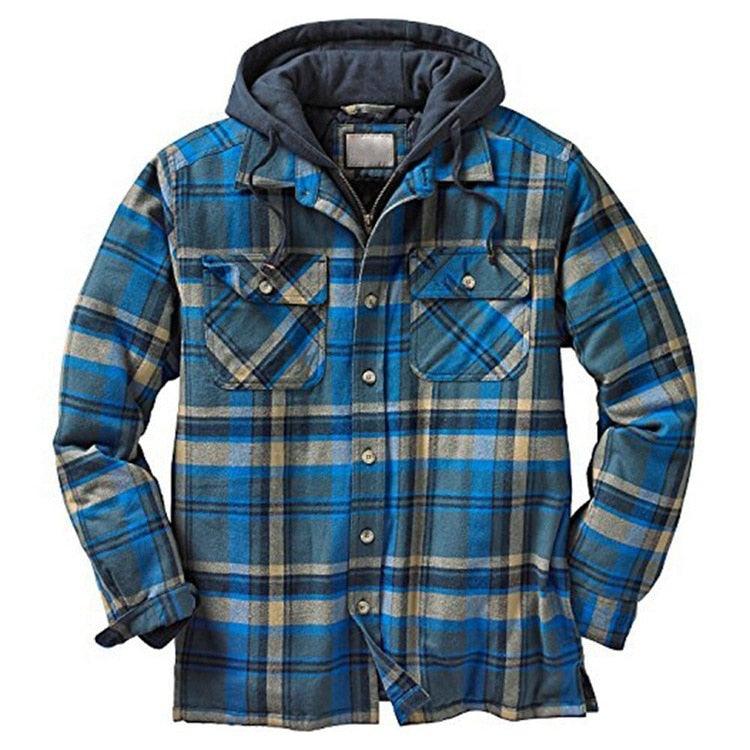 Men's Autumn Winter Jacket Plaid Hooded Long Sleeve Basic Casual Shirt Jackets Men's Long Sleeve Soft Warm Jacket With Hood Hooded Shirt Jacket Soft Long Sleeve Outdoor Clothes For Men