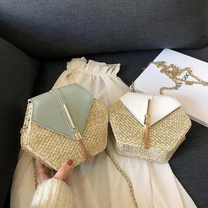 New Famous Mulit Style Straw+leather Handba For Women And Girls New Fashion Summer Bag Handmade Woven Beach Circle Shoulder Bag