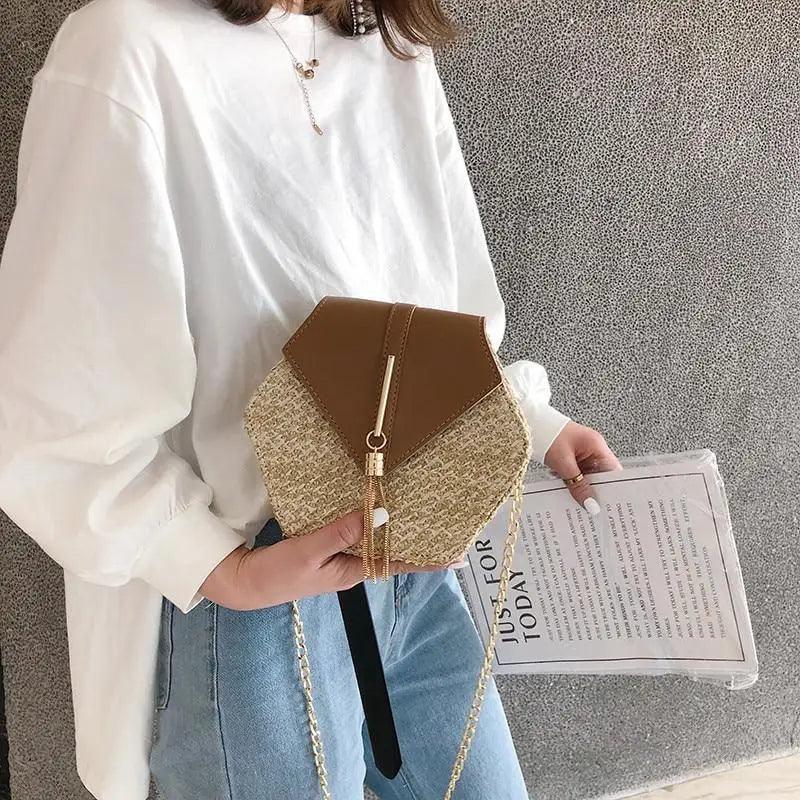 New Famous Mulit Style Straw+leather Handba For Women And Girls New Fashion Summer Bag Handmade Woven Beach Circle Shoulder Bag