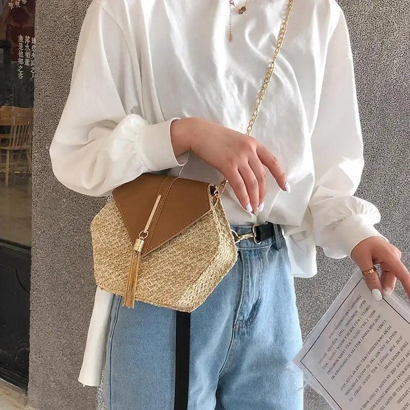 New Famous Mulit Style Straw+leather Handba For Women And Girls New Fashion Summer Bag Handmade Woven Beach Circle Shoulder Bag