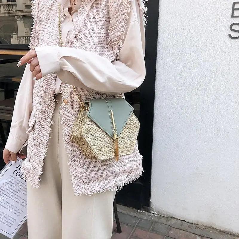 New Famous Mulit Style Straw+leather Handba For Women And Girls New Fashion Summer Bag Handmade Woven Beach Circle Shoulder Bag