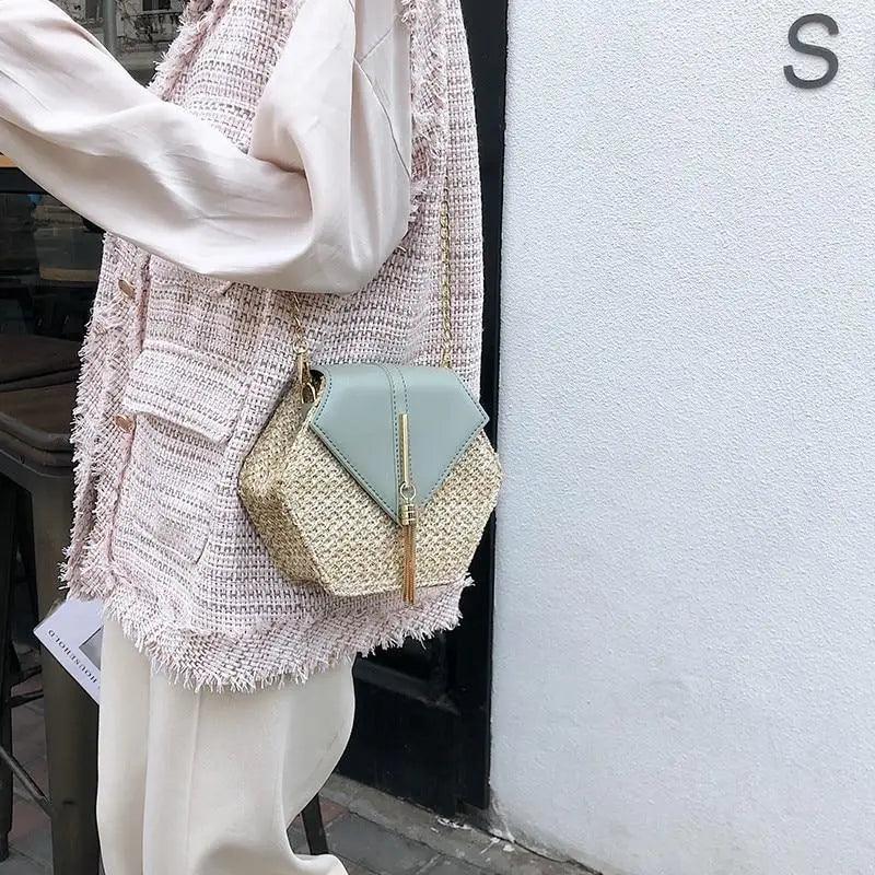 New Famous Mulit Style Straw+leather Handba For Women And Girls New Fashion Summer Bag Handmade Woven Beach Circle Shoulder Bag