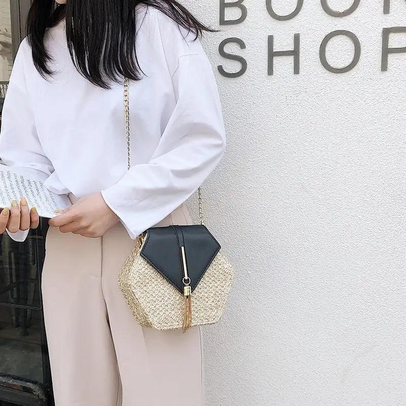 New Famous Mulit Style Straw+leather Handba For Women And Girls New Fashion Summer Bag Handmade Woven Beach Circle Shoulder Bag