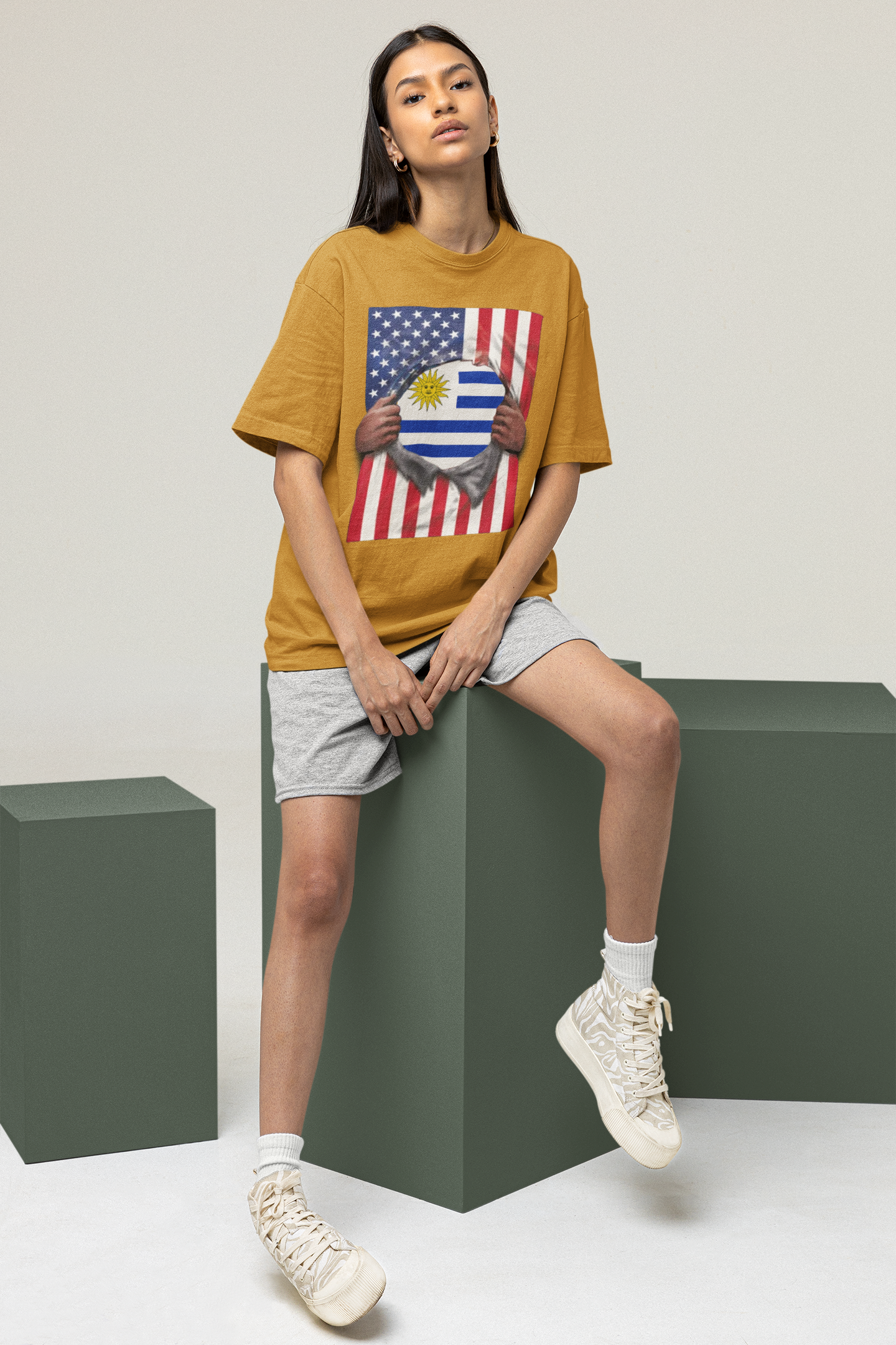 Uruguay Flag + USA Flag Pride T-shirt | Uruguayan + American Flag Rip 4th Of July | Funny Latino Tees | Heavyweight Cotton