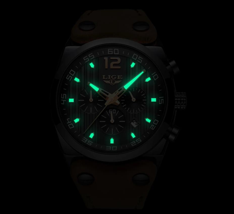 Men's Waterproof Watch With Leather Belts, Chronometers And Day Display Fluorescent Pointers Excellent Gift Unique Design