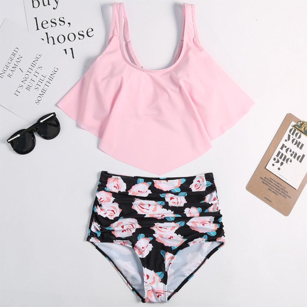 Women High Waist Bikini Plus Size Swimwear Summer Swimsuit Beach Bathing Suit Ruffle Bikini Floral Printed Ruffle High Waist Bikini Set Women's Tummy Control Bathing Suit Swimsuit Flounce Peplum
