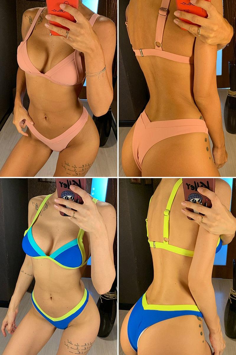 Bikini Solid Swimsuit Women Swimwear Push Up Bikini Set Patchwork Summer Beach Bathing Suit Swim Wear Halter Bikini Swimsuit Beach Swimming Traveling High Leg Bikini