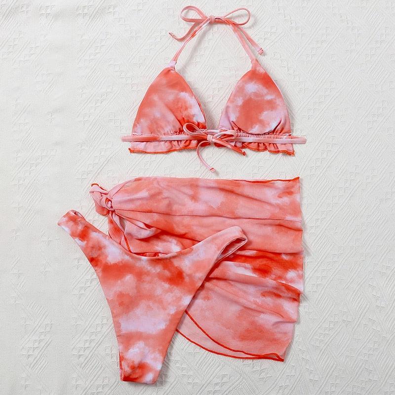 3 Piece Women Bikini Modern Swimsuit Women High Cut Suit Halter Swimwear Women's Bikini Swimsuits With Wrap Skirt Lace Up Pieces Strings High Cut Bikini Set Bathing Suits Female Triangle Backless Bathing Suit