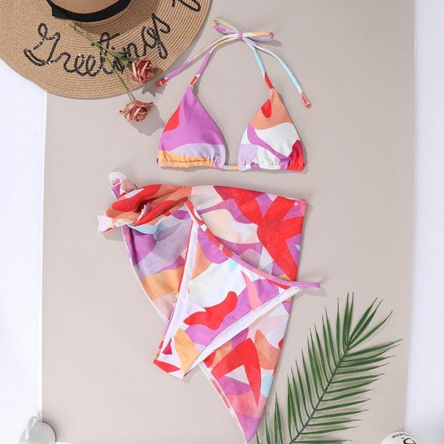 3 Piece Women Bikini Modern Swimsuit Women High Cut Suit Halter Swimwear Women's Bikini Swimsuits With Wrap Skirt Lace Up Pieces Strings High Cut Bikini Set Bathing Suits Female Triangle Backless Bathing Suit