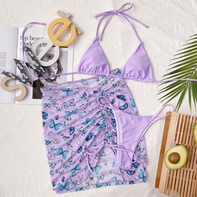 3 Piece Women Bikini Modern Swimsuit Women High Cut Suit Halter Swimwear Women's Bikini Swimsuits With Wrap Skirt Lace Up Pieces Strings High Cut Bikini Set Bathing Suits Female Triangle Backless Bathing Suit