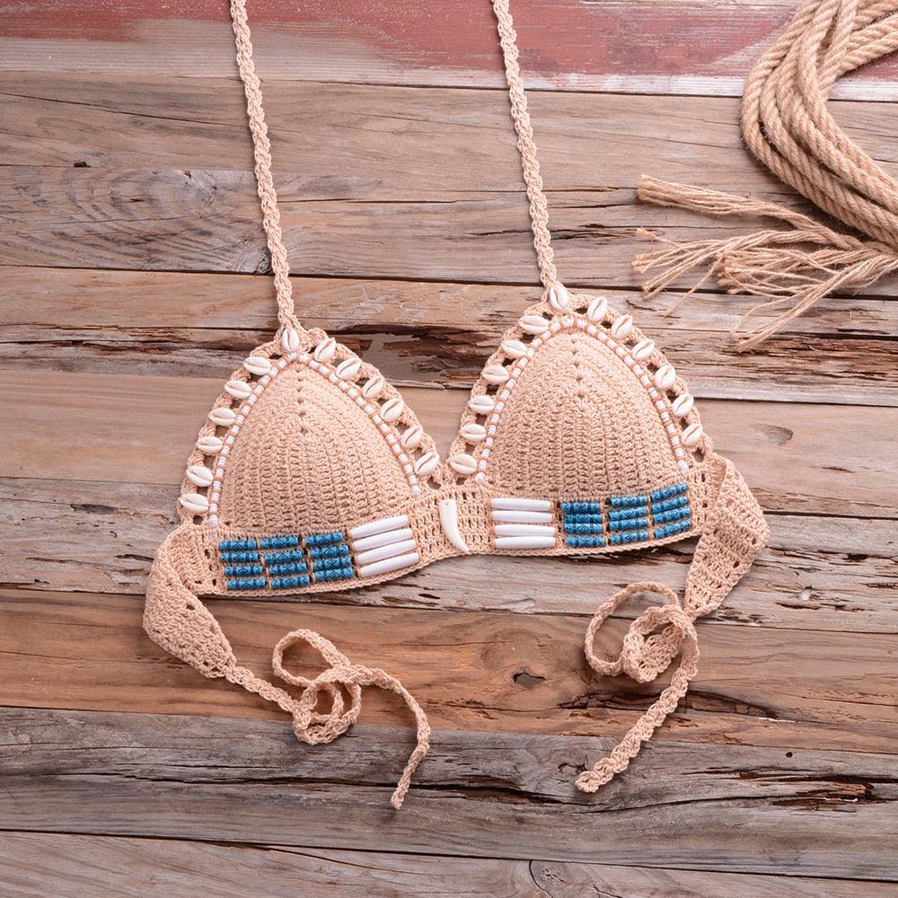 Vintage Blue Bikinis 2 Piece Halter Bikini Set Women High Waist Sequin Swimsuit Set Handmade Crochet High Quality Swimsuit Women Push Up Swimwear Knitted Beach Wear Bathing Suit
