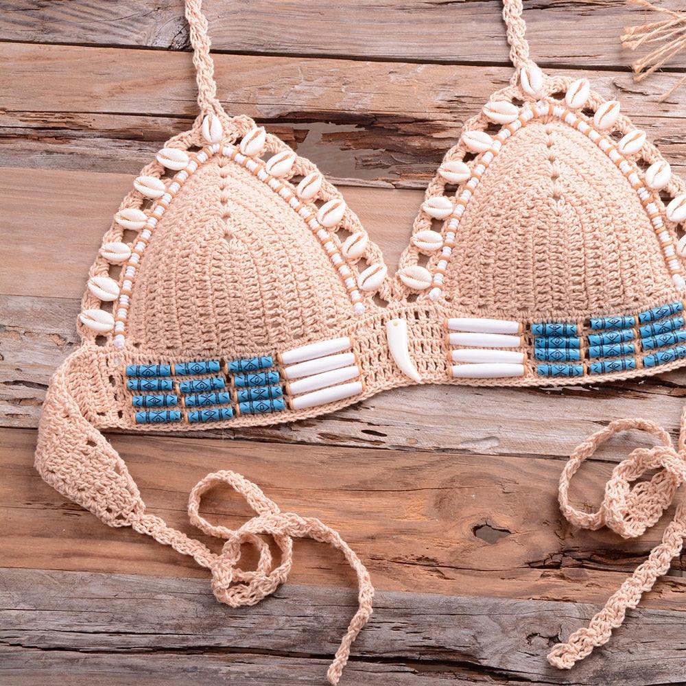 Vintage Blue Bikinis 2 Piece Halter Bikini Set Women High Waist Sequin Swimsuit Set Handmade Crochet High Quality Swimsuit Women Push Up Swimwear Knitted Beach Wear Bathing Suit