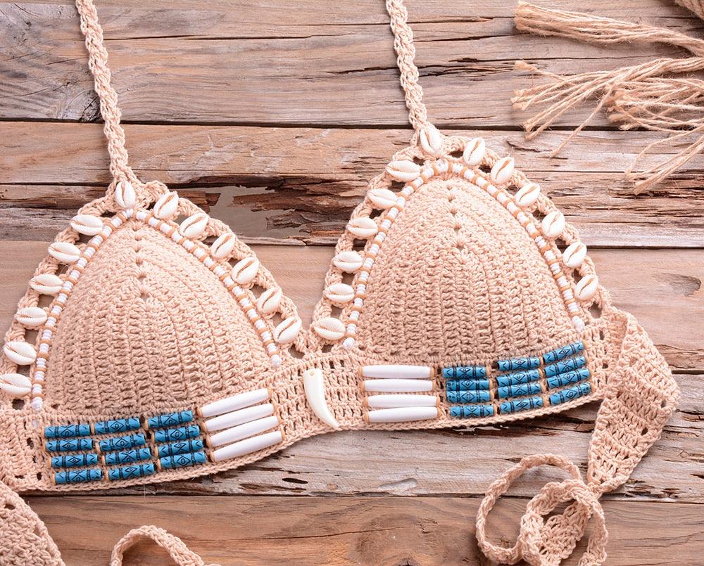 Vintage Blue Bikinis 2 Piece Halter Bikini Set Women High Waist Sequin Swimsuit Set Handmade Crochet High Quality Swimsuit Women Push Up Swimwear Knitted Beach Wear Bathing Suit