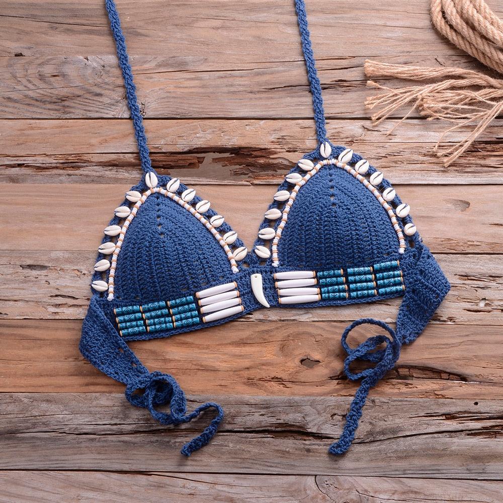 Vintage Blue Bikinis 2 Piece Halter Bikini Set Women High Waist Sequin Swimsuit Set Handmade Crochet High Quality Swimsuit Women Push Up Swimwear Knitted Beach Wear Bathing Suit