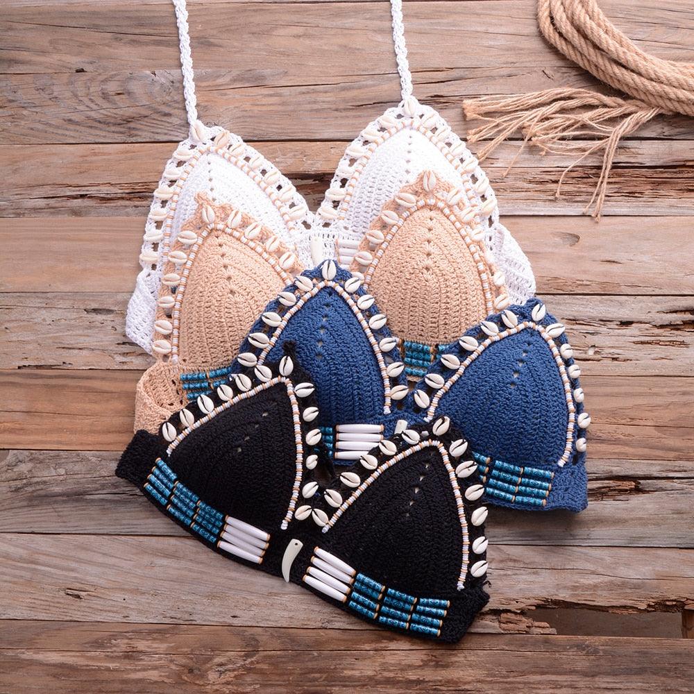 Vintage Blue Bikinis 2 Piece Halter Bikini Set Women High Waist Sequin Swimsuit Set Handmade Crochet High Quality Swimsuit Women Push Up Swimwear Knitted Beach Wear Bathing Suit