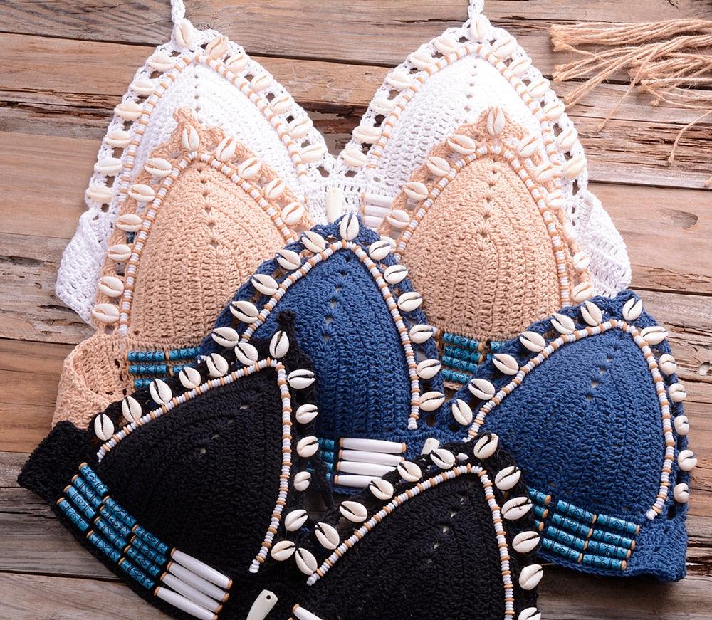 Vintage Blue Bikinis 2 Piece Halter Bikini Set Women High Waist Sequin Swimsuit Set Handmade Crochet High Quality Swimsuit Women Push Up Swimwear Knitted Beach Wear Bathing Suit