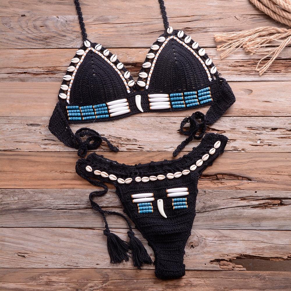 Vintage Blue Bikinis 2 Piece Halter Bikini Set Women High Waist Sequin Swimsuit Set Handmade Crochet High Quality Swimsuit Women Push Up Swimwear Knitted Beach Wear Bathing Suit