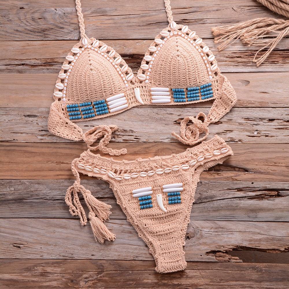 Vintage Blue Bikinis 2 Piece Halter Bikini Set Women High Waist Sequin Swimsuit Set Handmade Crochet High Quality Swimsuit Women Push Up Swimwear Knitted Beach Wear Bathing Suit