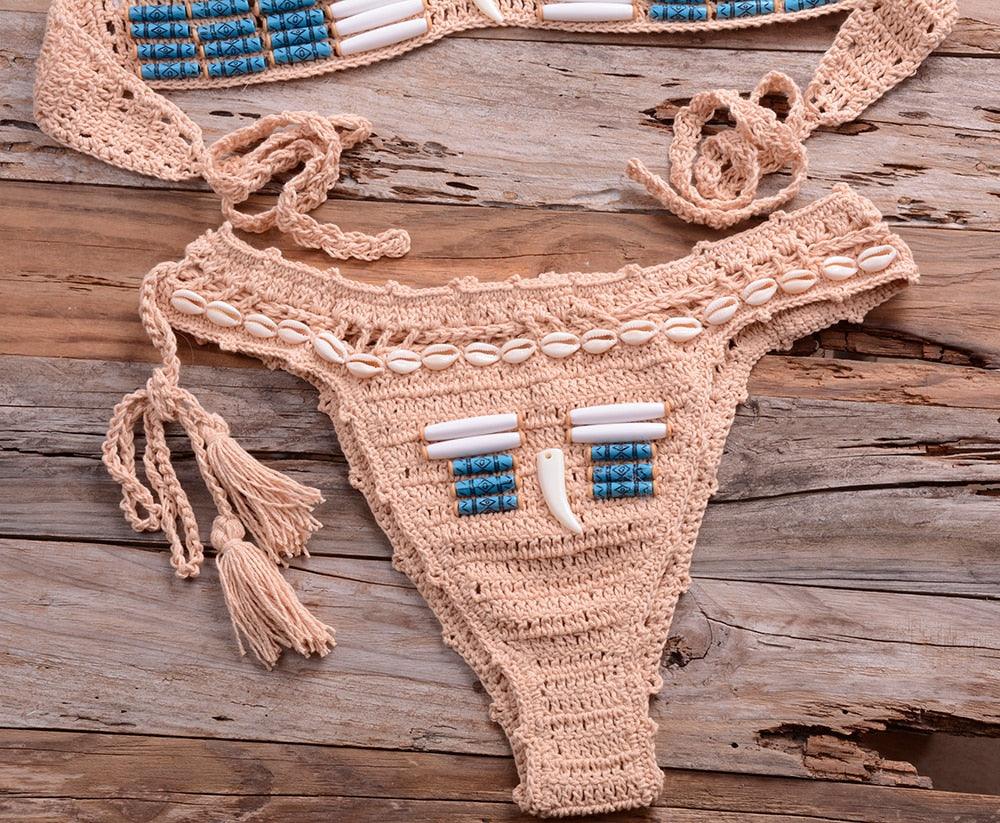 Vintage Blue Bikinis 2 Piece Halter Bikini Set Women High Waist Sequin Swimsuit Set Handmade Crochet High Quality Swimsuit Women Push Up Swimwear Knitted Beach Wear Bathing Suit