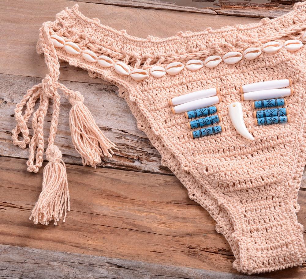Vintage Blue Bikinis 2 Piece Halter Bikini Set Women High Waist Sequin Swimsuit Set Handmade Crochet High Quality Swimsuit Women Push Up Swimwear Knitted Beach Wear Bathing Suit