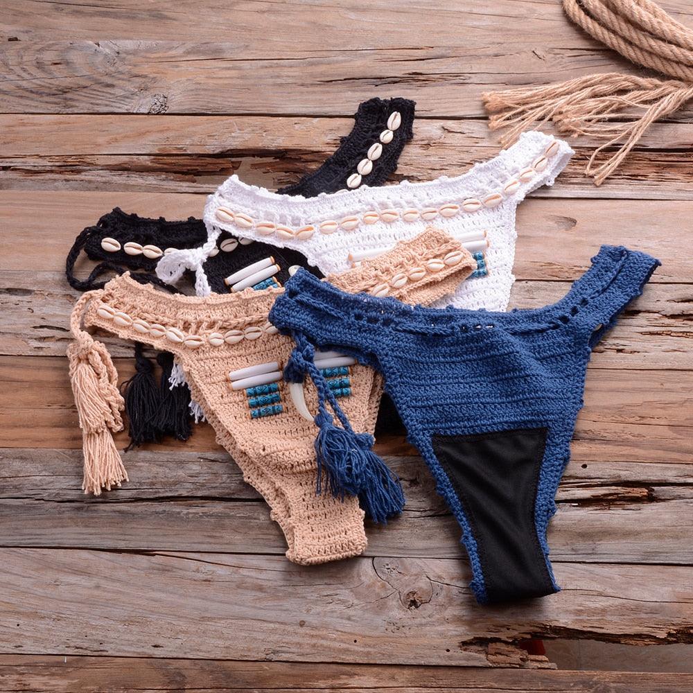 Vintage Blue Bikinis 2 Piece Halter Bikini Set Women High Waist Sequin Swimsuit Set Handmade Crochet High Quality Swimsuit Women Push Up Swimwear Knitted Beach Wear Bathing Suit