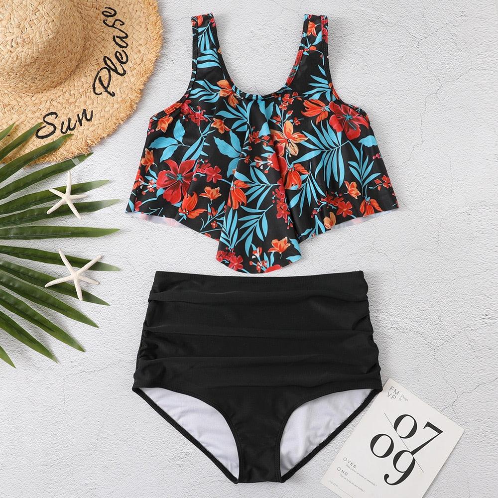 Women High Waist Bikini Plus Size Swimwear Summer Swimsuit Beach Bathing Suit Ruffle Bikini Floral Printed Ruffle High Waist Bikini Set Women's Tummy Control Bathing Suit Swimsuit Flounce Peplum