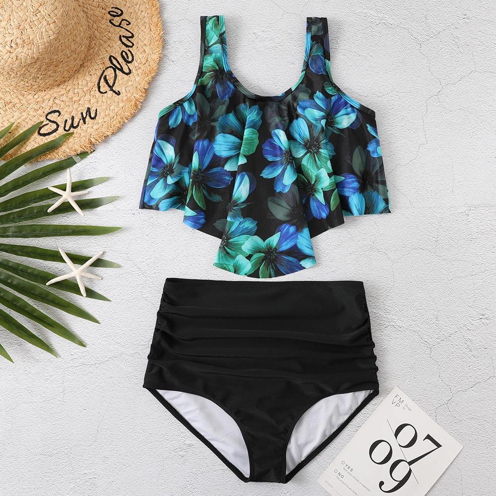 Women High Waist Bikini Plus Size Swimwear Summer Swimsuit Beach Bathing Suit Ruffle Bikini Floral Printed Ruffle High Waist Bikini Set Women's Tummy Control Bathing Suit Swimsuit Flounce Peplum