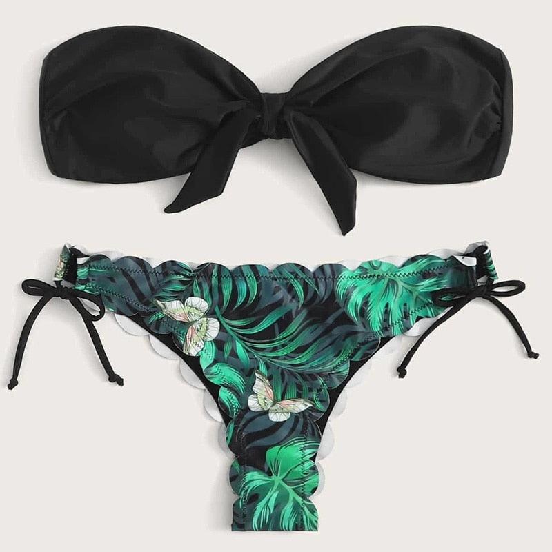 Summer Blue Bikini Women Swimwear Female Swimsuit Women’s Floral Print Lace-up Strapless Padded Comfortable Swimwear Bathing Suit Two-pieces Bikini Set Knotted Bathing Swim Suit